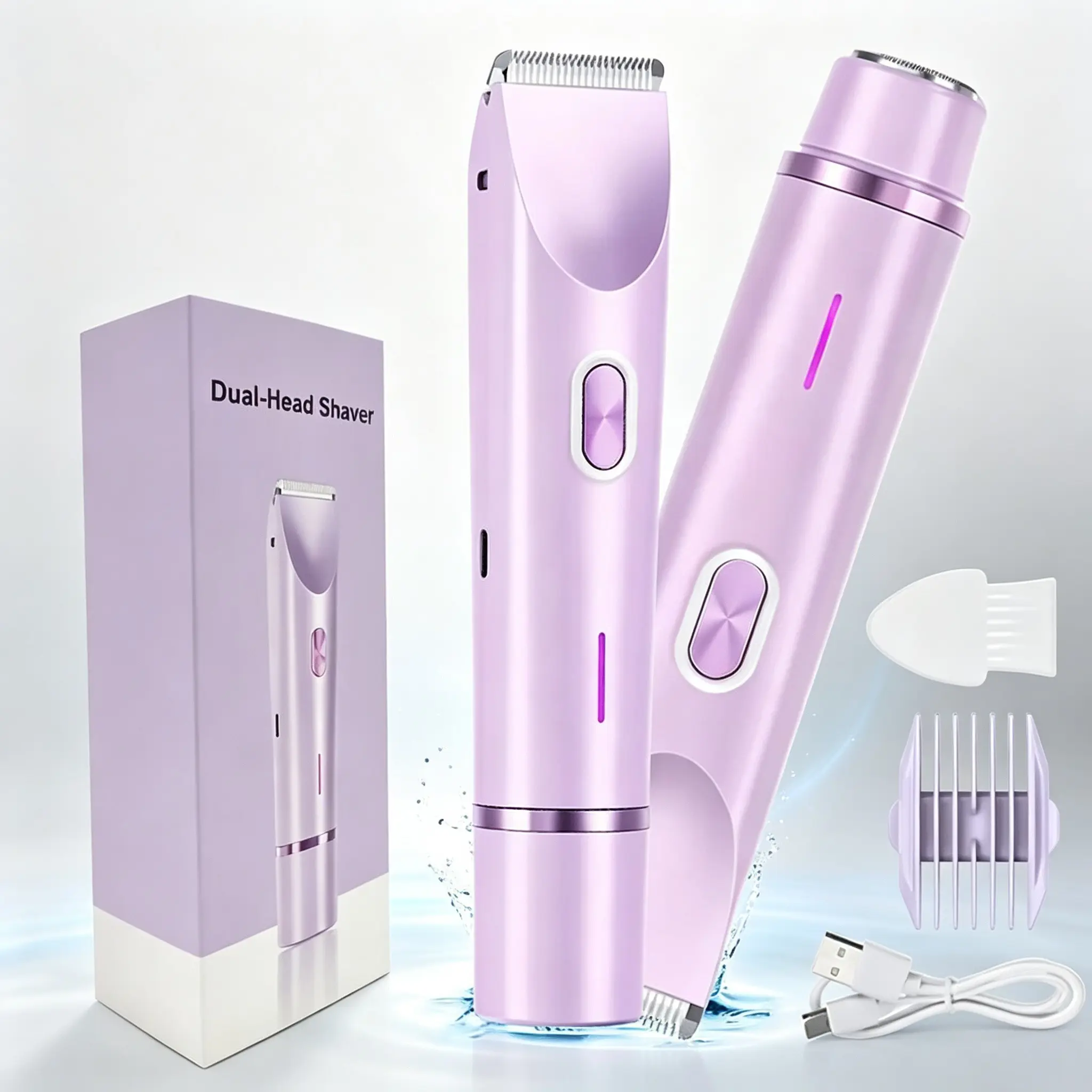 2-in-1 Electric Shaver, Dual-Head Bikini Trimmer for Women, Cordless Charging Trimmer, USB Rechargeable Full-Body Hair Removal Razor for Underarm, Leg and Body, Waterproof Portable Multifunctional Hair Trimmer Shaver