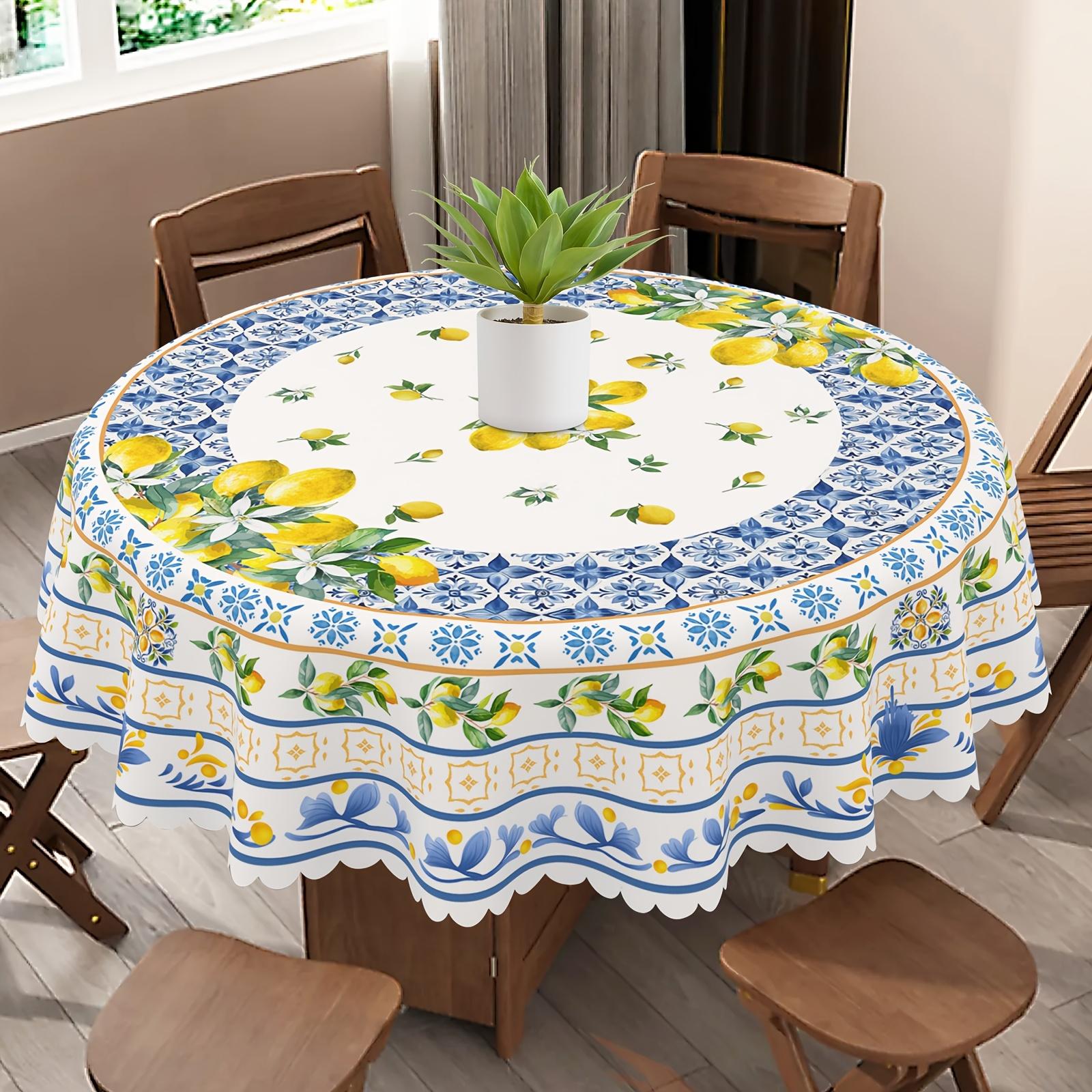 Elegant Mediterranean-Inspired Tablecloth with Fresh Lemon & Blue Floral Design - Polyester, Machine Washable for Dining Room, Living Room, Outdoor Decor