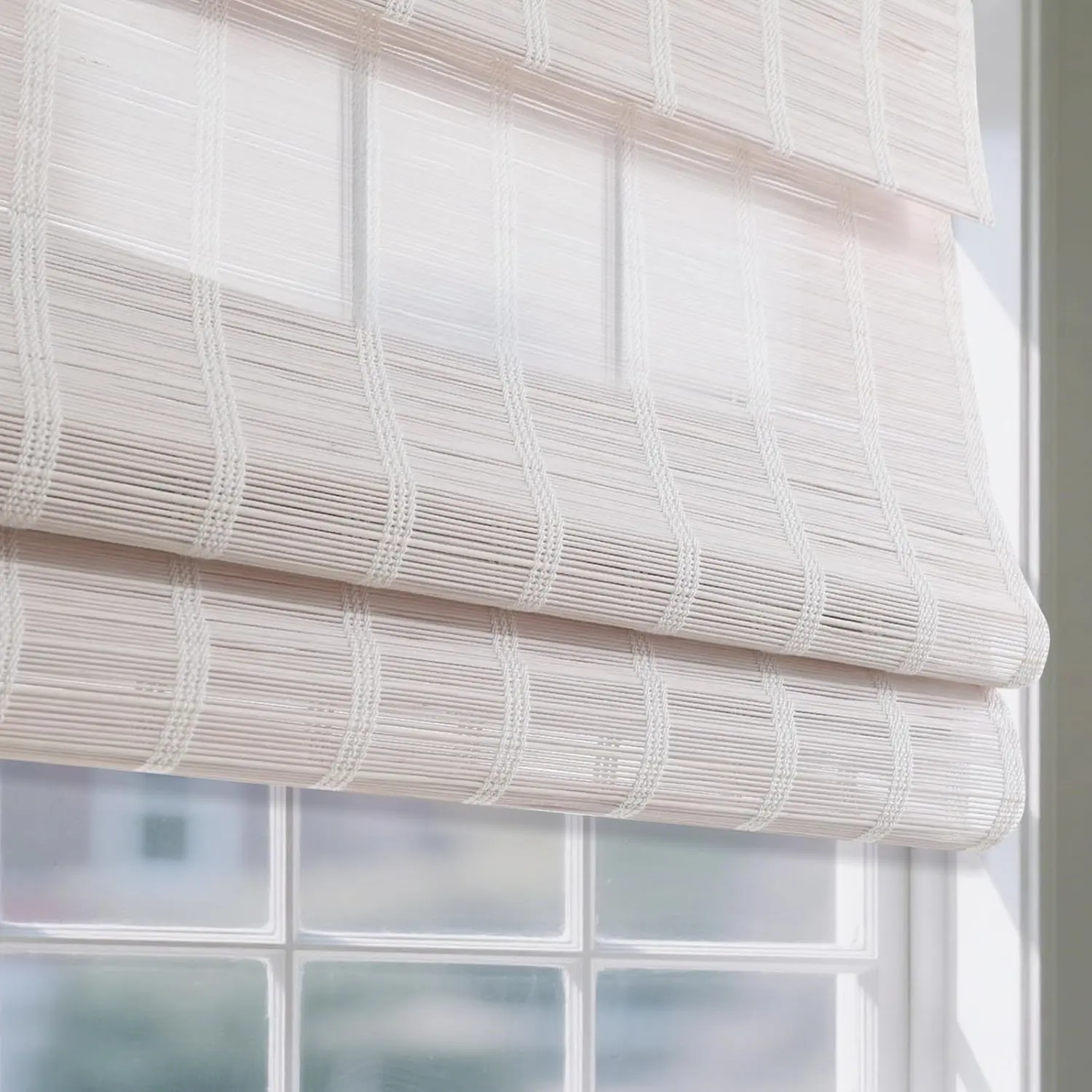 Cordless Bamboo Roman Shades, 31.5" W x 48" H, Natural Pearly White | Light Filtering Woven Wood Window Treatment, Bamboo Blinds for Living Room Bedroom Kitchen & Office