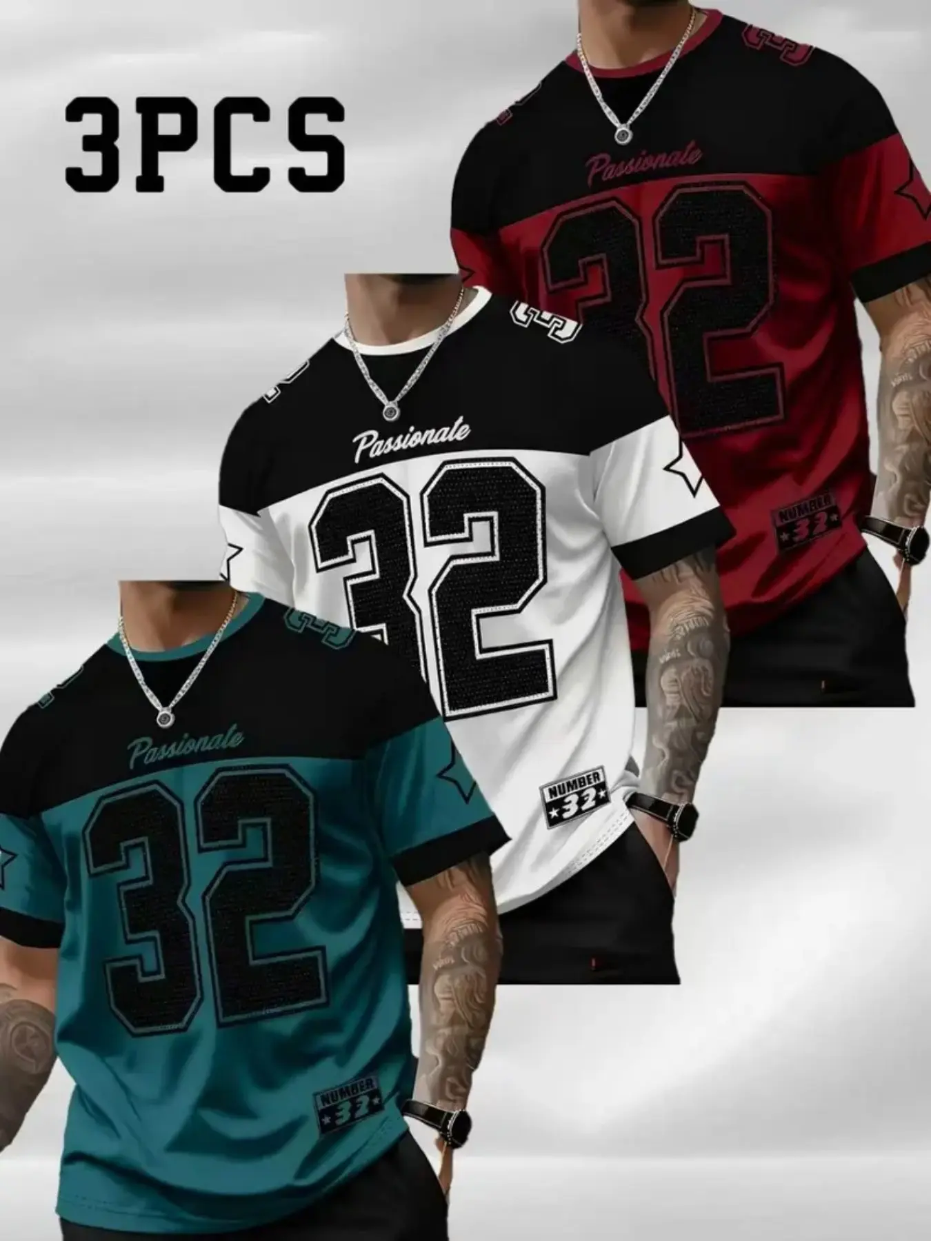 American Vintage Basketball Style Men's Short Sleeve Three-Piece Set, Contrast Color Number 32, Streetwear Fashion Sporty Top