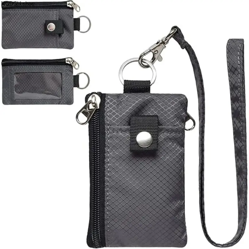 Keychain Wallet - Compact Gray RFID Wallet Pouch with Keychain Wrist Strap Clear Window Waterproof Small Bag for Men Women Everyday