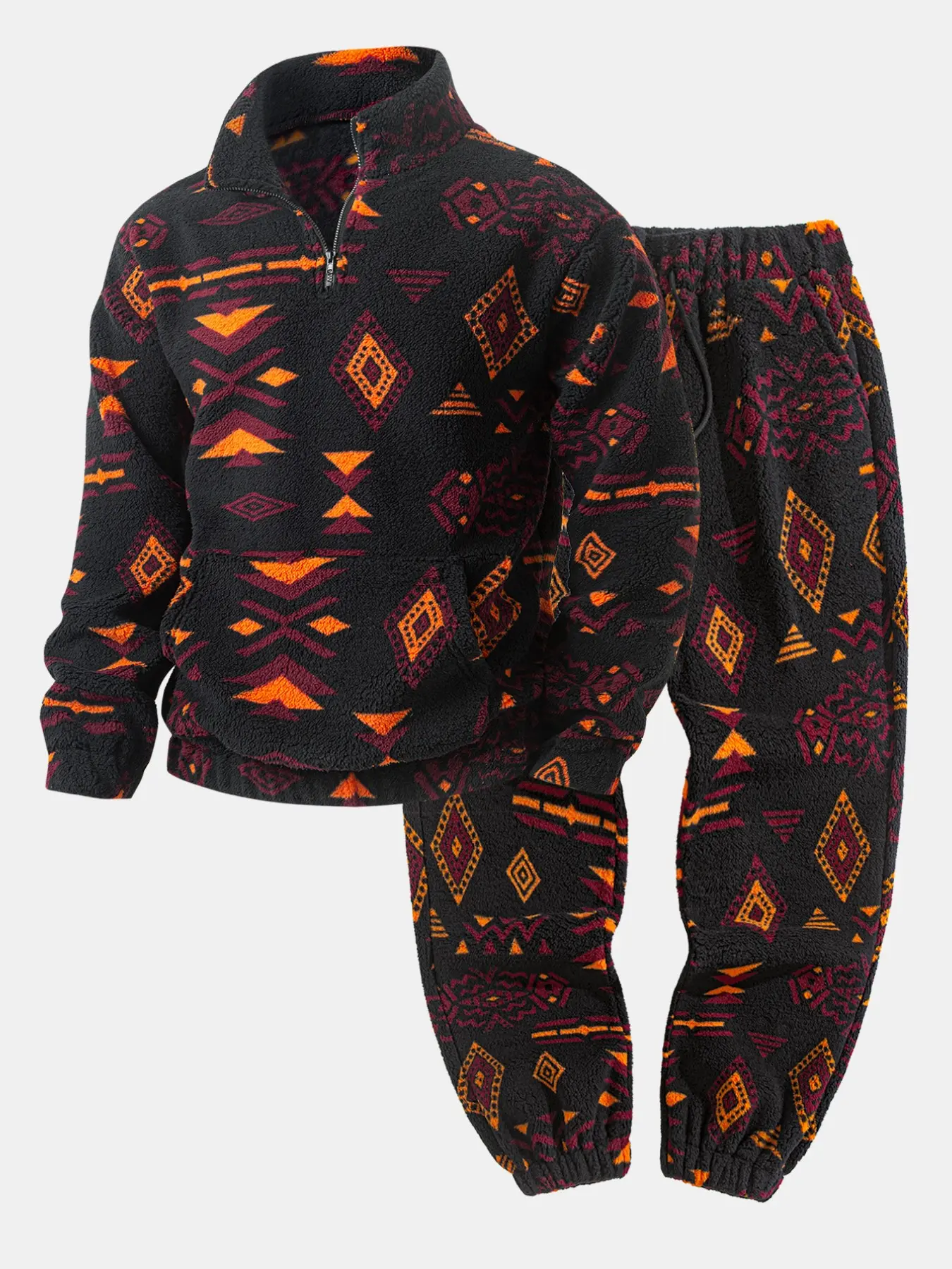 Retro Ethnic Aztec Pattern Fluffy Fleece Tracksuit for Men, Quarter Zip Top & Jogger Pants, Warm Cozy Set for Lounge Hiking