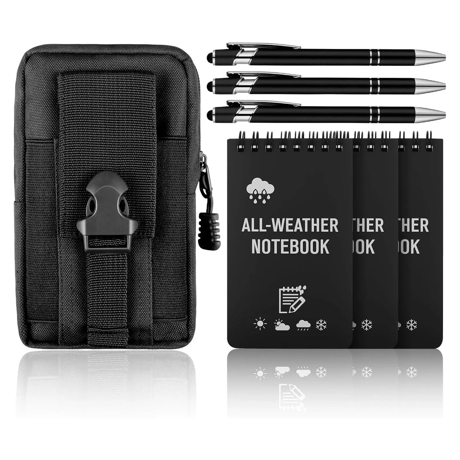7 PCS Waterproof Notebook Set - 3 Waterproof Notebooks, 3 Waterproof Pens & Multi-Functional Waist Pack, Field Notebook Kit for Outdoor Activities Recording (Black)Gift