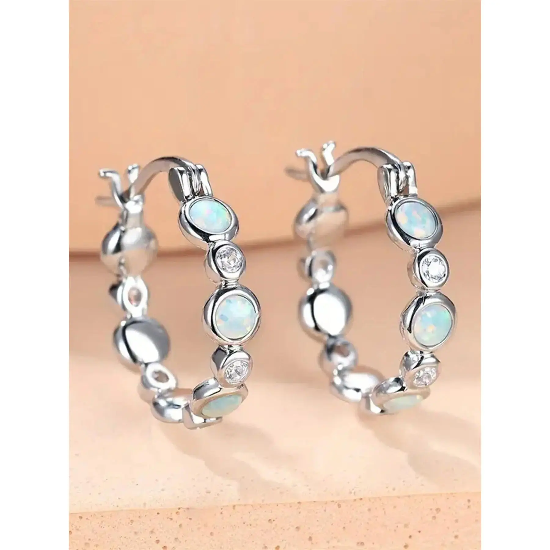 Dainty Hoop Earrings for Adults with Alternating Faux Opal & Crystal Gemstones, Lightweight Copper Jewelry for Everyday Wear, Gemstone, Unisex, 1 Pair, Daily, Elegant, Elegant Minimalist Earrings, High Shine, Chic