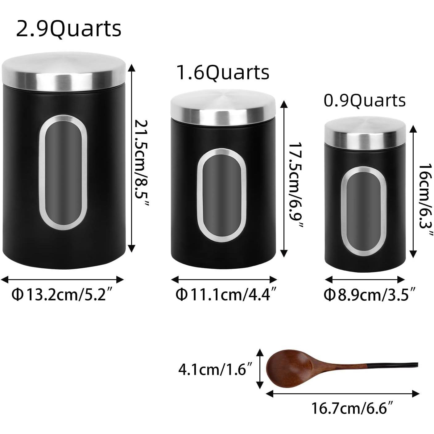 Black Kitchen Counter Canister set 3 count, 0.9/1.6/2.9 Quarts Stainless Steel Flour Sugar  Coffee Biscult Storage Containers with with Long  Spoon&Visible