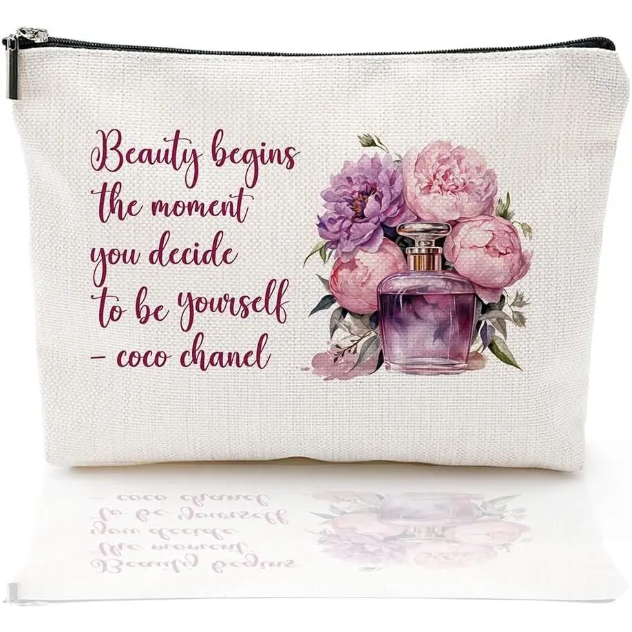Coco Quotes Makeup Bag for Women, Pretty Birthday  for Girl, Fashion Perfume Flower Beauty Begins The Moment You -  Bag  Linen Toiletry Bag Travel Pouch