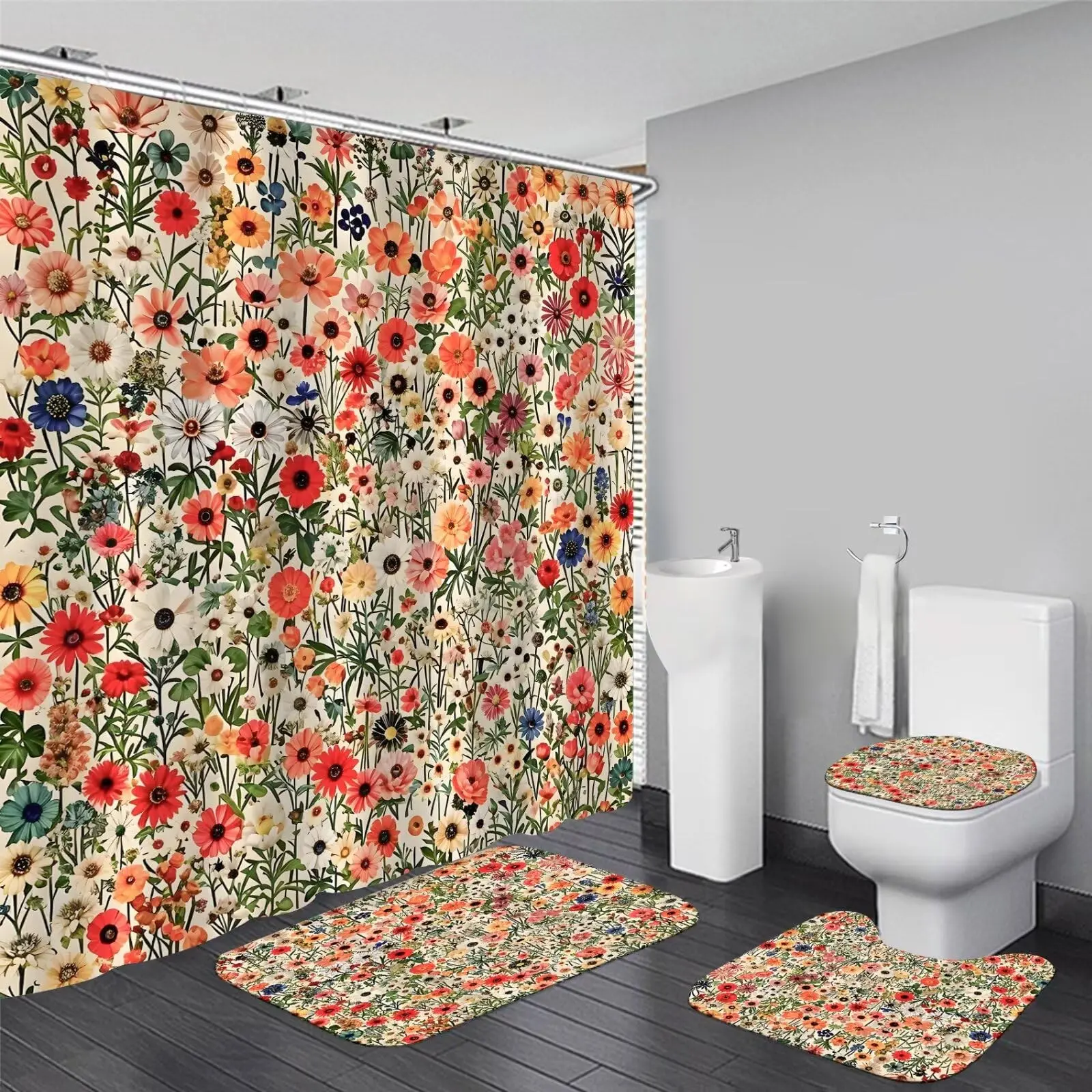 4Pcs Vintage Green Plant Floral Shower Curtain Set Spring Flower Bathroom Set,including a shower curtain, toilet seat cover, bath mat, and U-shaped toilet seat cover