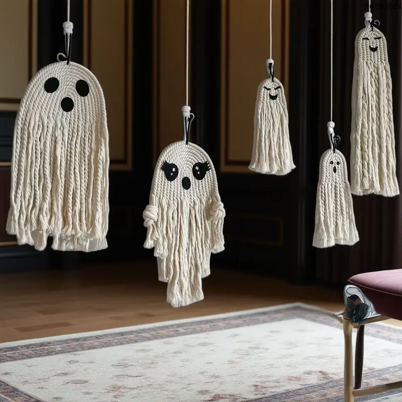 Handmade Macrame White Ghost Hanging Ornaments, Boho Cotton Rope Halloween Decor, Cute Spooky Ghost Wall Hanging for Halloween Party Home Window Door Scene Layout
