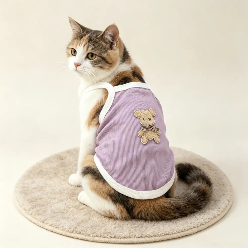1PC Gentle Purple Grid Collar Bear Cat Strap Anti shedding Hair Thin Pet Tank Top for Kittens Adult Cat Breathable Tank Top