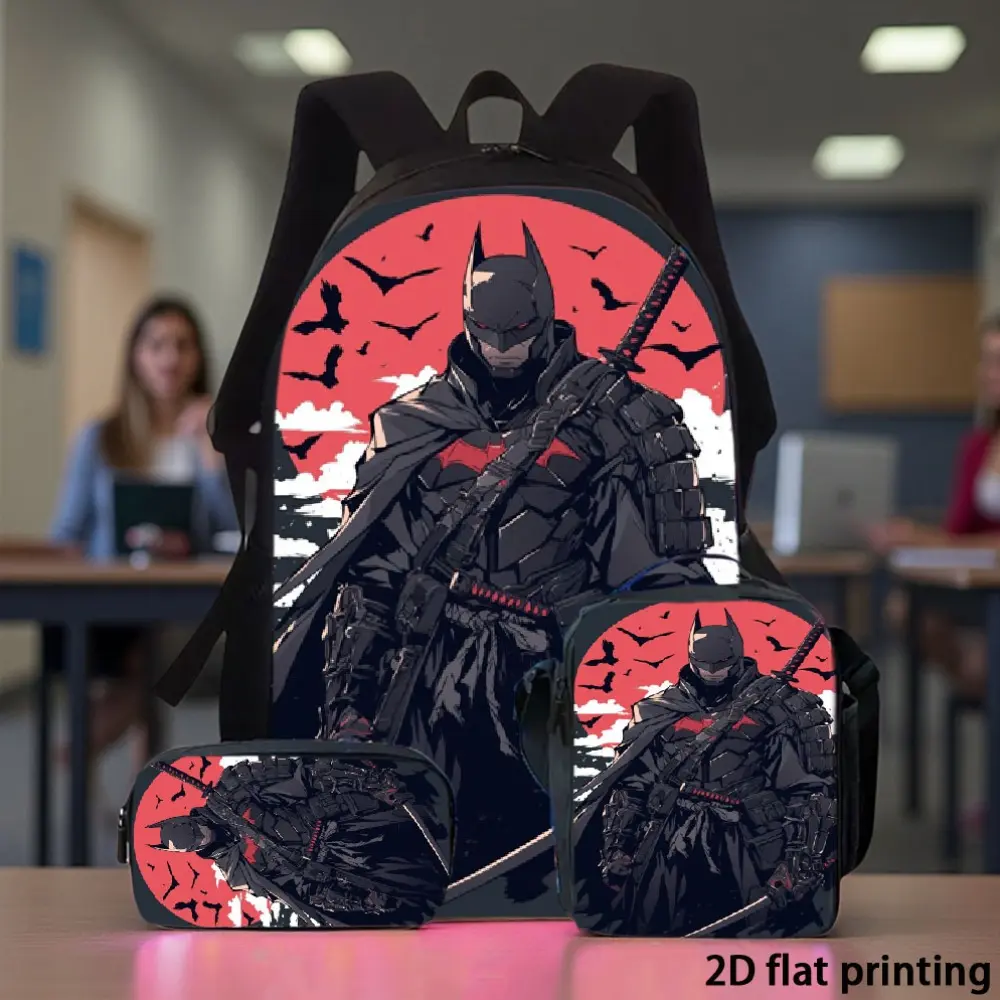 Durable Water Resistant 3-Piece Backpack Set, Backpack + Insulated Lunch Bag + Pencil Case, Samurai Batman Red Sun Bat Silhouette Anime Print, Breathable Padded Straps