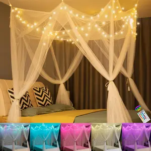 White Bed Canopy with 24 Colors Star Lights for Girls, 8 Corner Princess Canopy Bed Curtains with Color Changing LED String Lights Remote Timer for Adults Women Bedroom, Fits Twin Full Queen King Bed