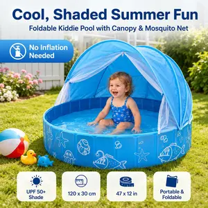 Foldable Kiddie Pool with Canopy, 120x30cm/47x12in Blue No-Inflation Toddler Pool, Thickened BPA-Free PVC Water Play Tub with UPF 50+ Sun Shade & Mosquito Net, Portable Baby Pet Ball Pit for Backyard, Beach & Summer Outdoor Fun