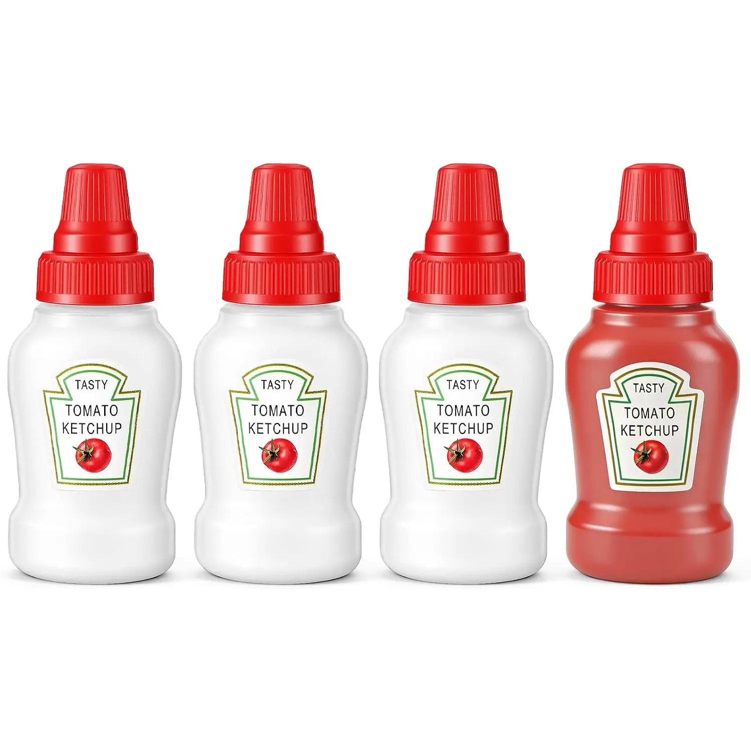 4 count 1oz Mini Sauce Bottles, Mini Condiment Squeeze Bottles, Mini Ketchup Bottle for Lunch Box Accessories, Empty Plastic Salad Dressing Containers Tomato for Sauces Syrup, Adults Bento Box