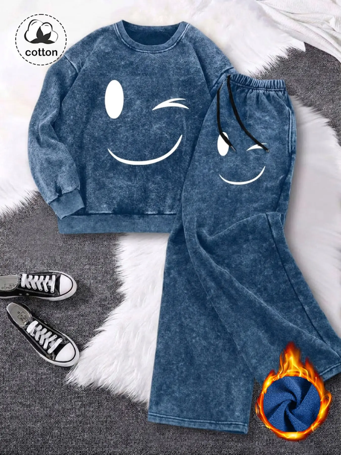 Women's Vintage-Wash Distressed Cotton Loungewear Set – Fleece-Lined Warm Loose Sweatshirt & Pants (Winking Smiley Face) – Casual Home & Activewear Two-Piece Set