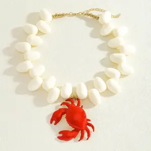 Y2K Summer Beach Layered Beaded  Red Crab Pendant Colorful Mixed Bead Stackable Choker  Women Vacation Ocean Coastal Trend Jewelry Gift chain collar