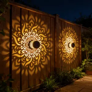 2 Pack Solar Fence Lights Metal Lantern, Solar Powered Outdoor Deck Step Wall Lights, Mandala Theme Decorative Solar Lights, Solar Landscape Light Projection for Garden Post Patio Backyard Yard Decorations Xmas Festival Lighting