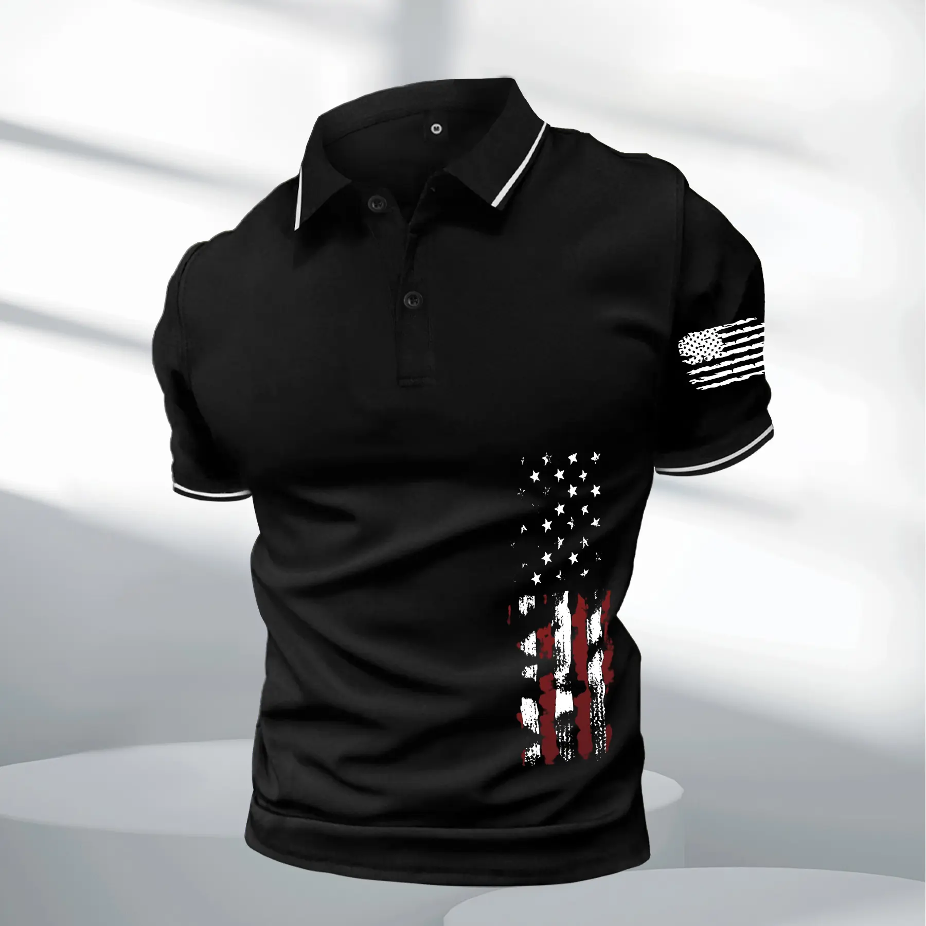 Men's Short-Sleeve Turn-Down Collar Polo Shirt - Casual Menswear Tops with Unique American Flag "1776" Print, Contrasting Color Detailing, Skin-Friendly Figure-Enhancing Fit, Premium for Summer Outings, Shortsleeve