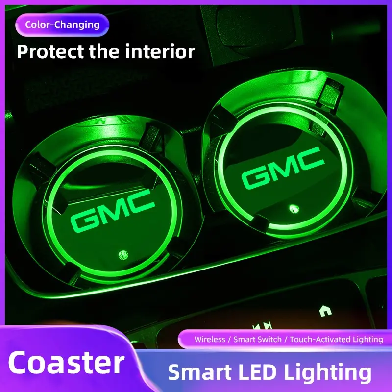 2pcs Car Luminous Water Cup Pad LED Atmosphere Light Automotive Interior Accessories Car Accessory For GMC Terrain Sierra Canyon Yukon Acadia Savana Denali AT4 Granite