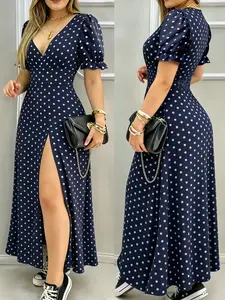 Summer Fashion Women's Polka Dot Print Short Sleeve V Neck Split Dress, Elegant Casual French Style, Perfect for Parties and Vacations