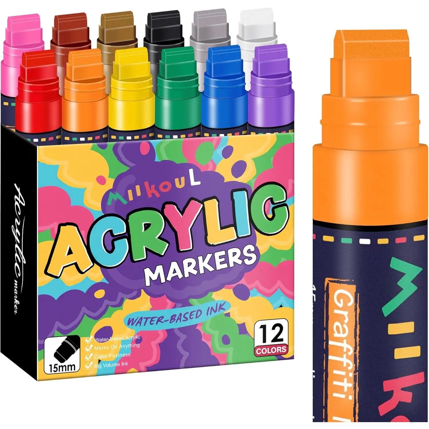 12 Colors Jumbo Graffiti Markers Large 15mm Felt Tip Permanent Acrylic Paint Pens for Rock Painting Wood Canvas Glass Plastic Ceramics Fabric and Outdoor Paintings