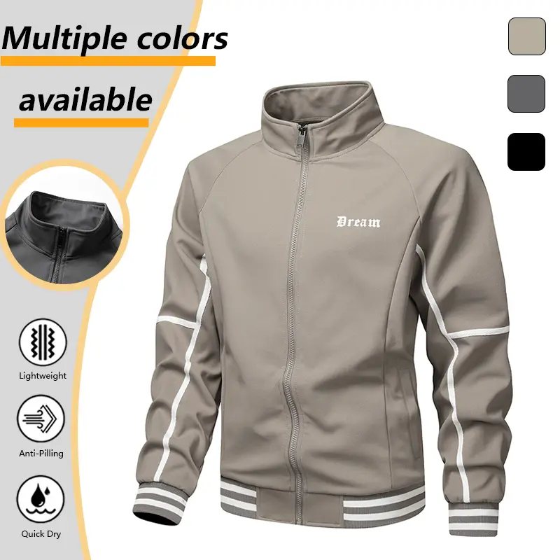 Men Stand Collar Full Zip Up Sweatshirt Jacket, Letter Print Athletic Track Jacket, Contrast Striped Raglan Sleeve, Fashion Versatile Long‑Sleeve Casual Sports Outerwear for Spring Autumn Daily Street Outfits