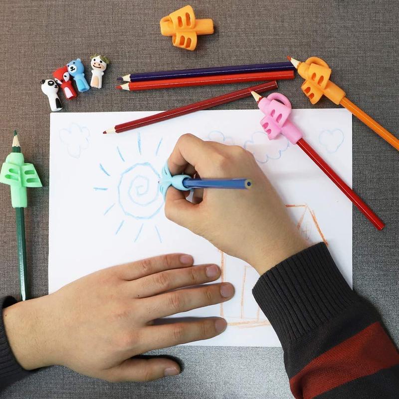 Pencil Grip & Clip Set, Including 4 Counts Pencil Grip & 4 Counts Animal Design Clip, Handwriting Correction Tool, Office School Supplies, Summer Essentials