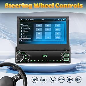 Car Radio 1Din with Retractable Screen,7inch Manual Retractable Display 1 Din Radio with Bluetooth Handsfree FM Type-C 2USB AUX Mirror Link SWC Rear View Camera、No carplay and no android auto、automotive