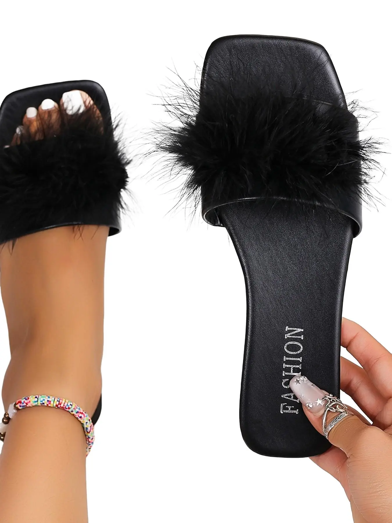 Women's Plush Ball Square Toe Sandals, Solid Color Smooth Sole Lazy Slippers, Summer Party Vacation Non-Slip Outdoor Casual Shoes