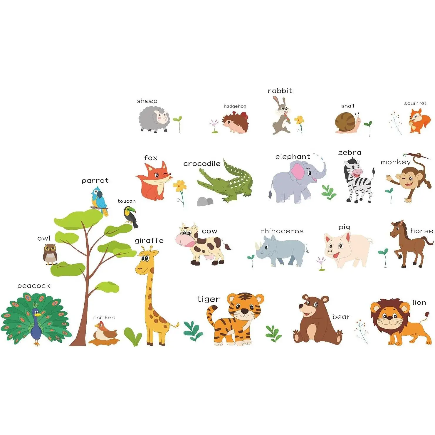 Animal Learning Wall Stickers, Educational Cute Animal Wall Decals for Nursery Playroom Daycare, Wall Decor for Toddler Baby Boys Girls
