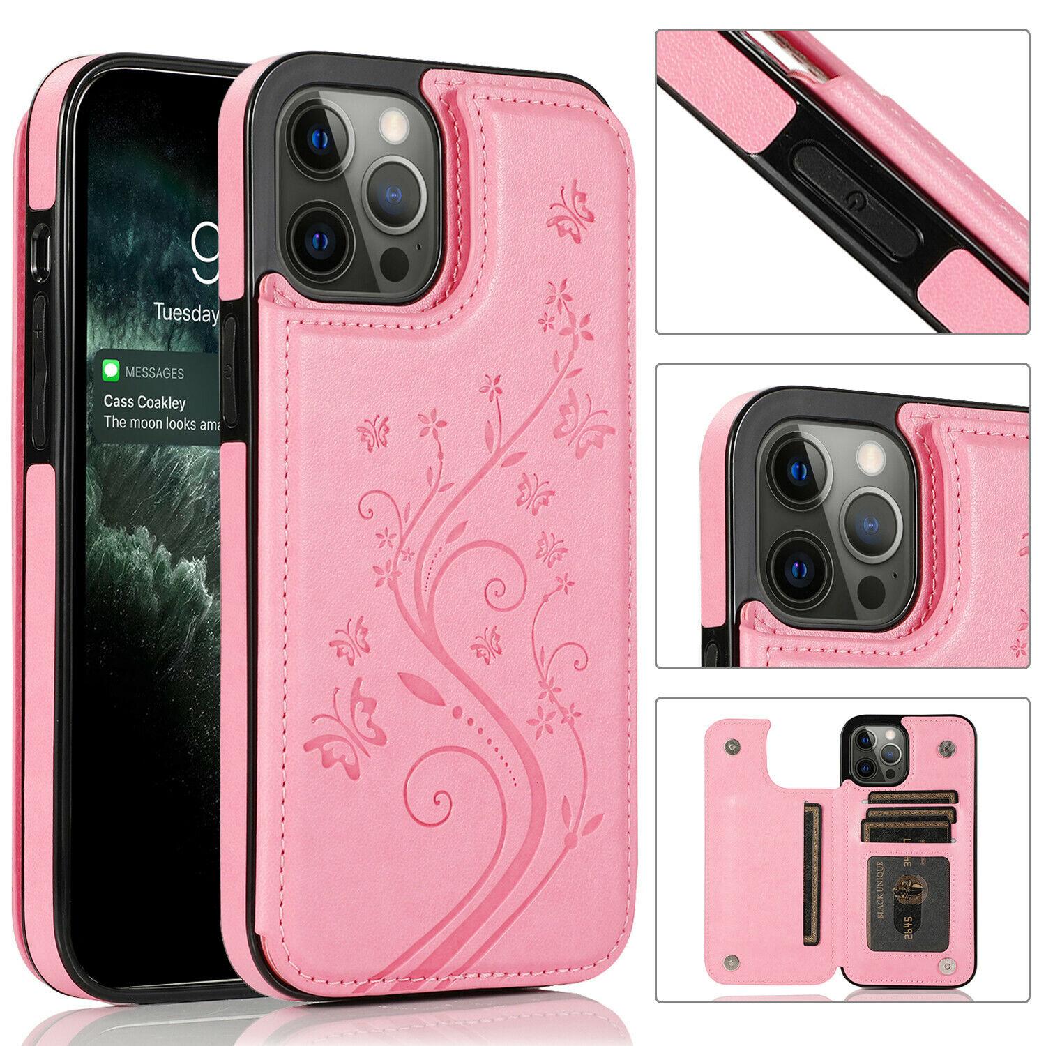 HISTORYOO Card Slots Case For iPhone 17 Pro Max Air 17 16 15 14 13 12 11 Pro Max 16 15 14 Plus / Pro Wallet Card Holder Stand Durable Magnetic Clasp Soft TPU Shockproof Back Cover Flower Butterfly Pattern Bumper Rubber Retro PU-Leather Phone Case
