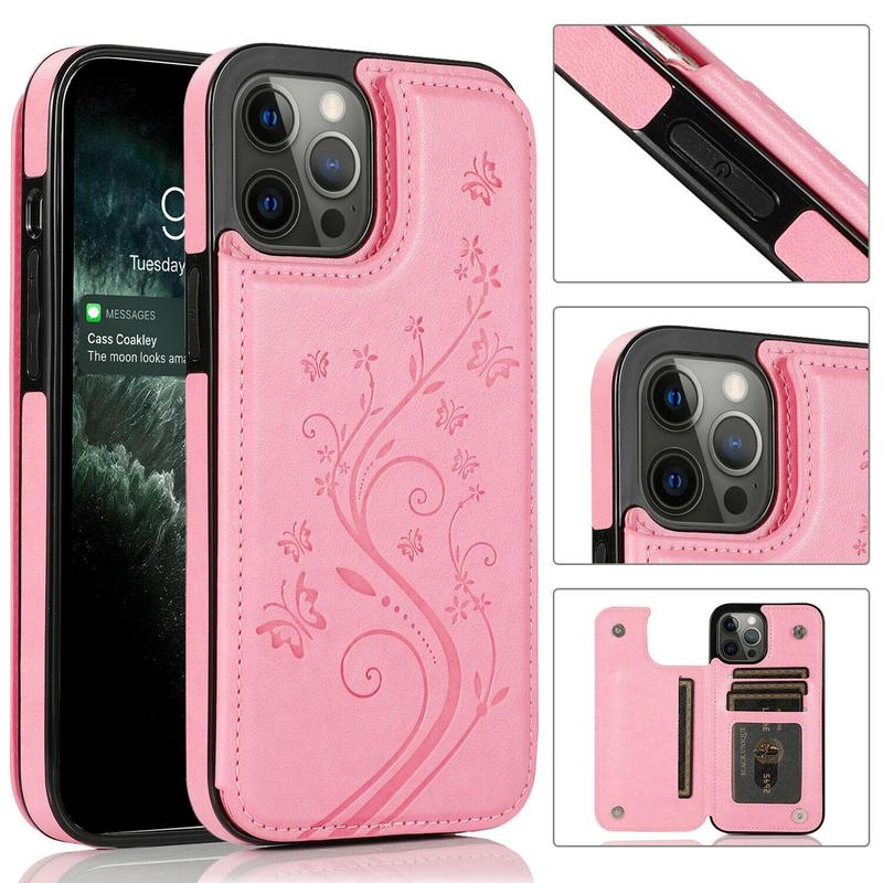 HISTORYOO Card Slots Case For iPhone 17 Pro Max Air 17 16 15 14 13 12 11 Pro Max 16 15 14 Plus / Pro Wallet Card Holder Stand Durable Magnetic Clasp Soft TPU Shockproof Back Cover Flower Butterfly Pattern Bumper Rubber Retro PU-Leather Phone Case