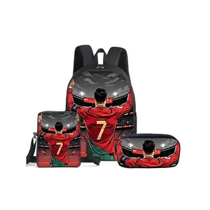 CR7 Football pattern printed 16-inch Soccer Backpack Stylish Casual Daypack with Shoulder Bag three-piece set (single-layer backpack + small shoulder bag + single-layer pencil bag) Backpack For Football Fans