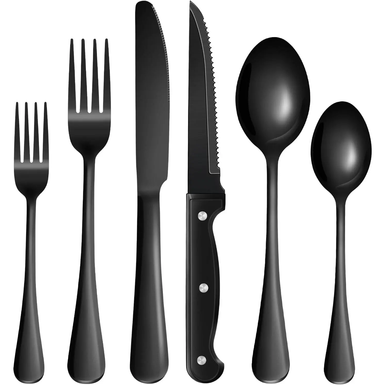 24-Piece Black Silverware Set with Steak Knives Black Stainless Steel Flatware Set for 4 Food Grade Tableware Cutlery Set Rust-proof, Mirror Polished, Dishwasher Safe