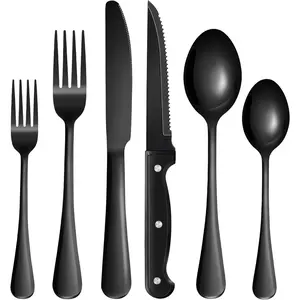 24-Piece Black Silverware Set with Steak Knives Black Stainless Steel Flatware Set for 4 Food Grade Tableware Cutlery Set Rust-proof, Mirror Polished, Dishwasher Safe