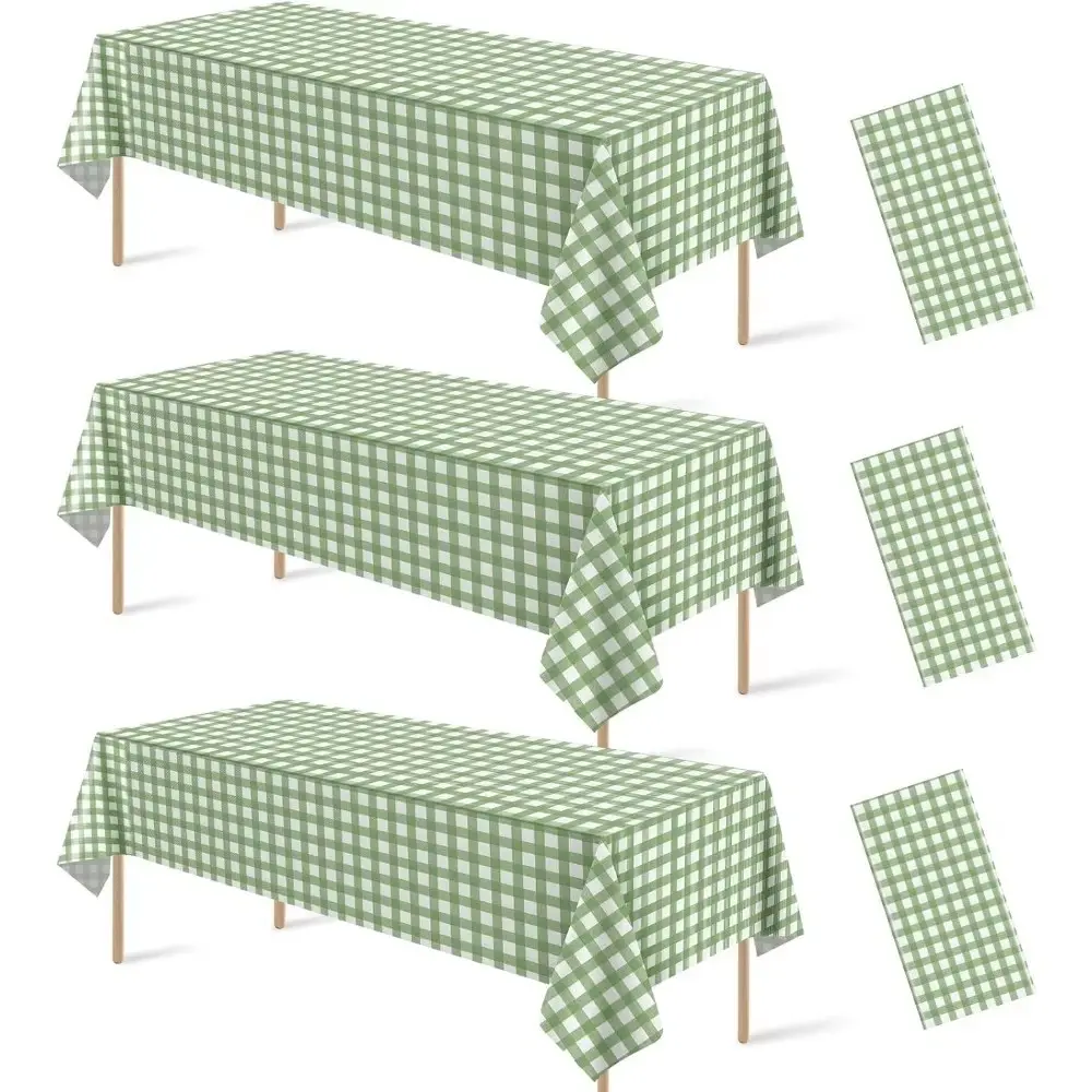 3pcs Sage Green Gingham Tablecloth Decorations, Disposable Plastic Green Checkered Tablecloth Buffalo Plaid Table Cover for Baby Shower Bridal Wedding Birthday Party Supplies, 54 X 108 Inch