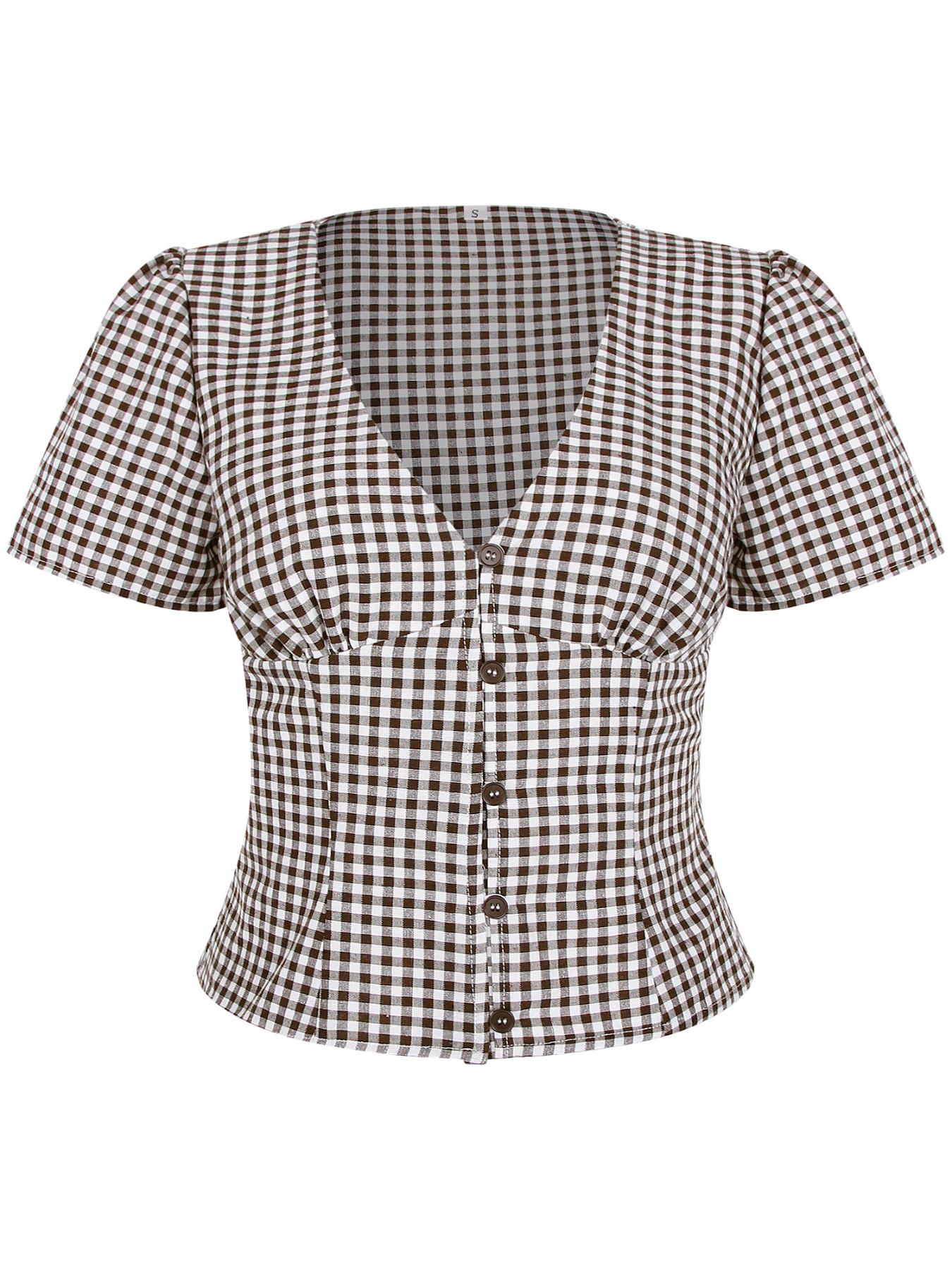 Women's Plaid Print V-Neck Short Sleeve Blouse, Casual Top for Summer, Fashion Women's Top for Daily Wear, Classy Top
