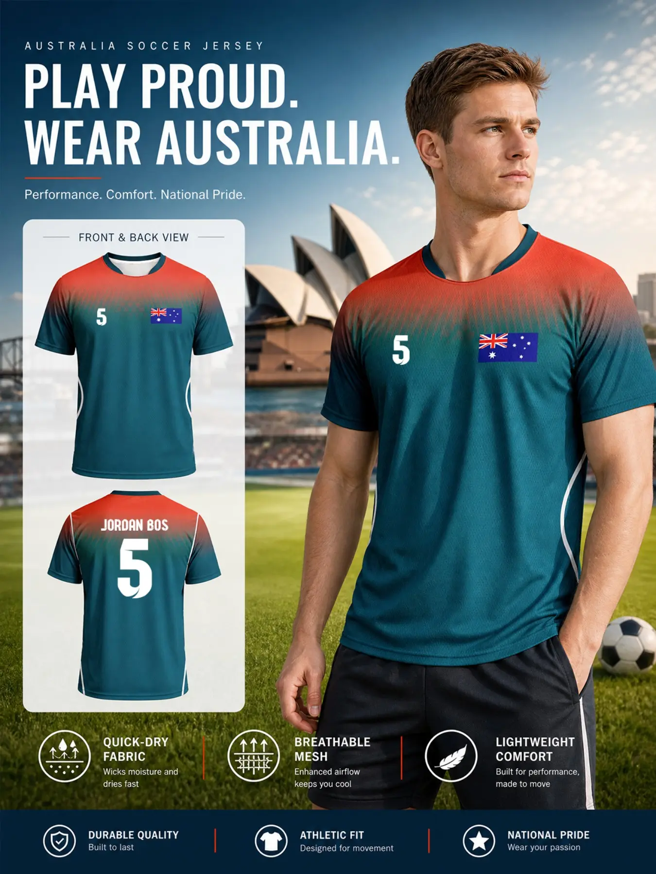 Australia 2026 Men's Football Jersey, Gradient Red and Green Color Scheme - Quick-drying Fabric Sportswear - Australian Fan Sportswear Top - Breathable and Lightweight Soccer Jerseys