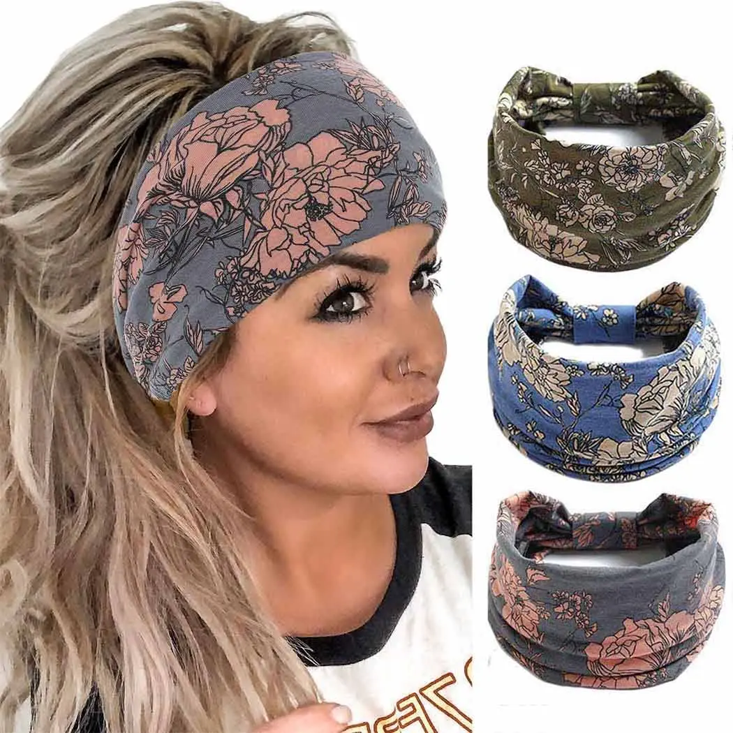 Boho Bandeau Headbands Wide Knot Hair Band Stretch Turban  Wraps Fashion Hair Accessories for Women 3 count (Boho)
