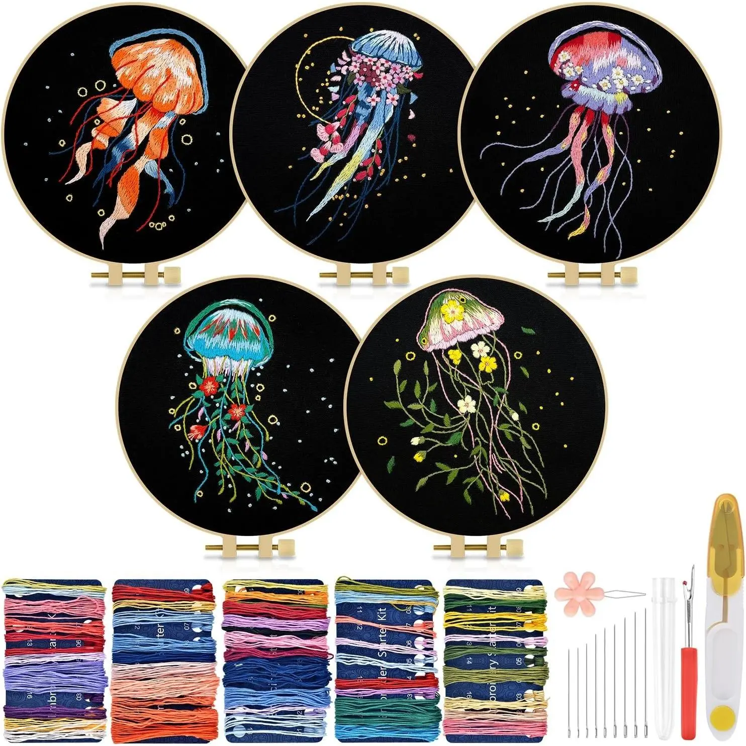 5 Pack Embroidery Kit for Adults Beginners - DIY Starter Set with Embroidery Cloth, Hoops, Threads for Hand Stitch Craft LoversGift