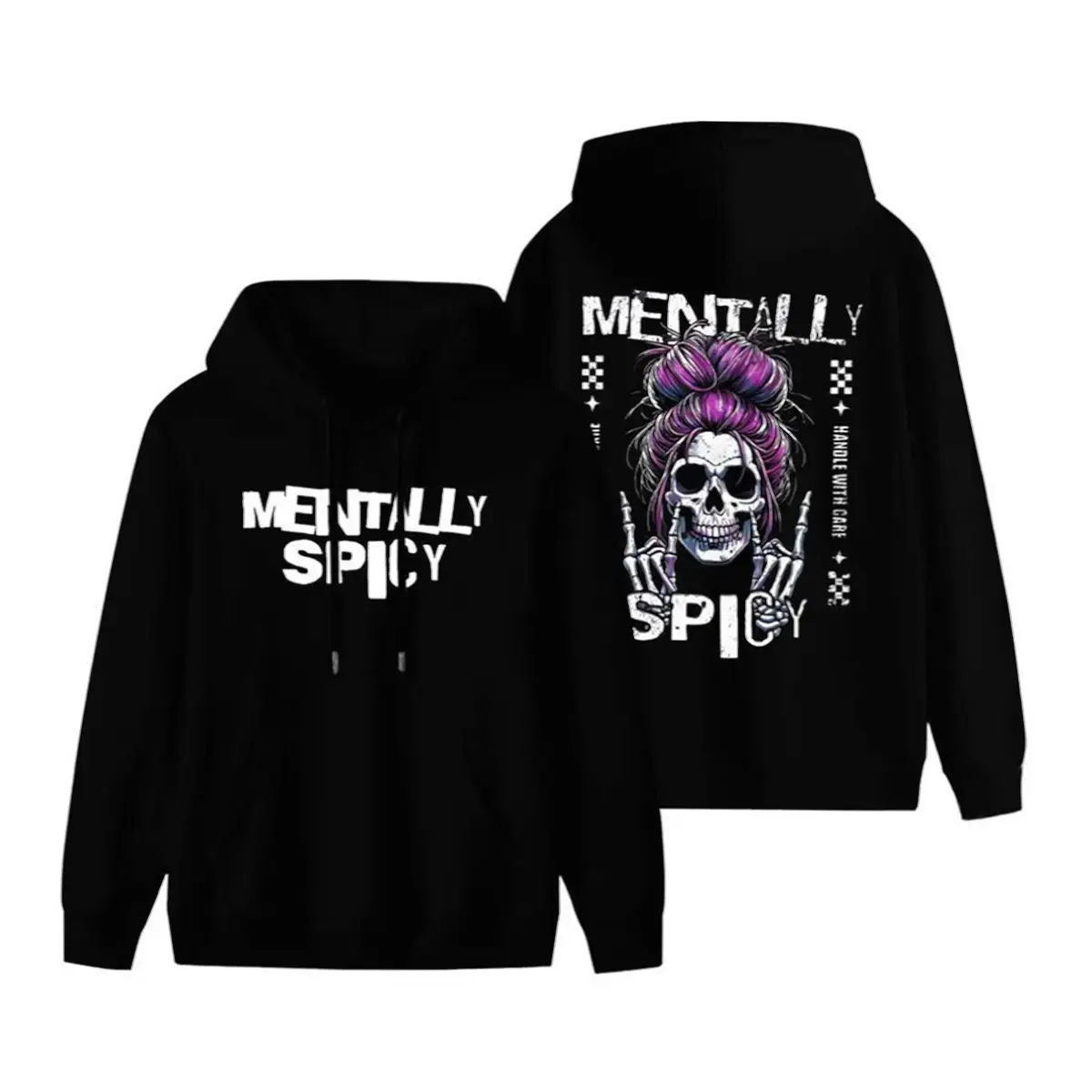 Mentally Spicy Menswear Pullover Hoodie - Long Sleeve Tops, Purple Sassy Skull Messy Bun Skeleton Hands Graphic, Handle With Care Funny Gift for Spicy Souls, Casual Daily Wear