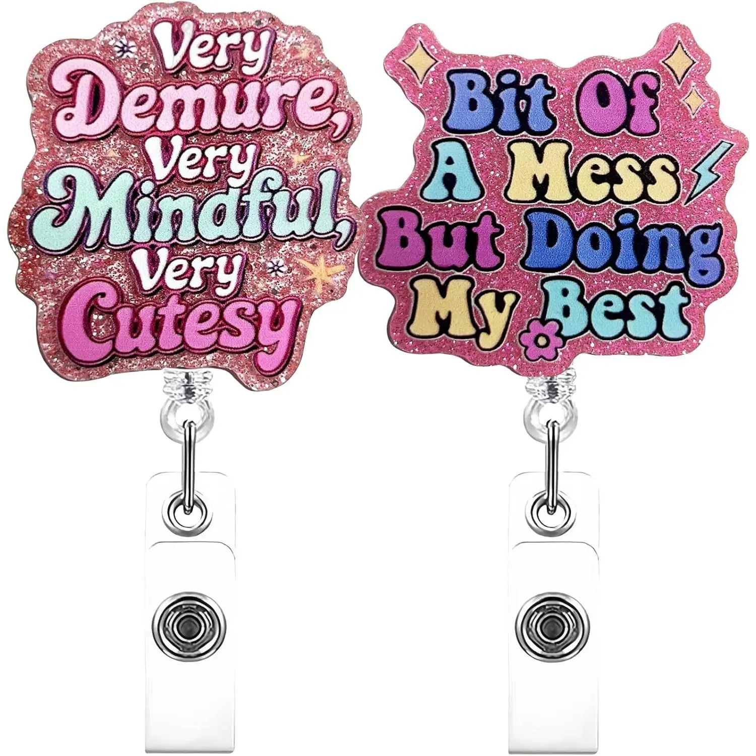 2 Pack Badge Reels for Work ID, 360? Swivel Retractable ID Badge Holder with Motivational Quotes - Very Demure & Bit of A Mess But Doing My ,  Aesthetic Office Accessories