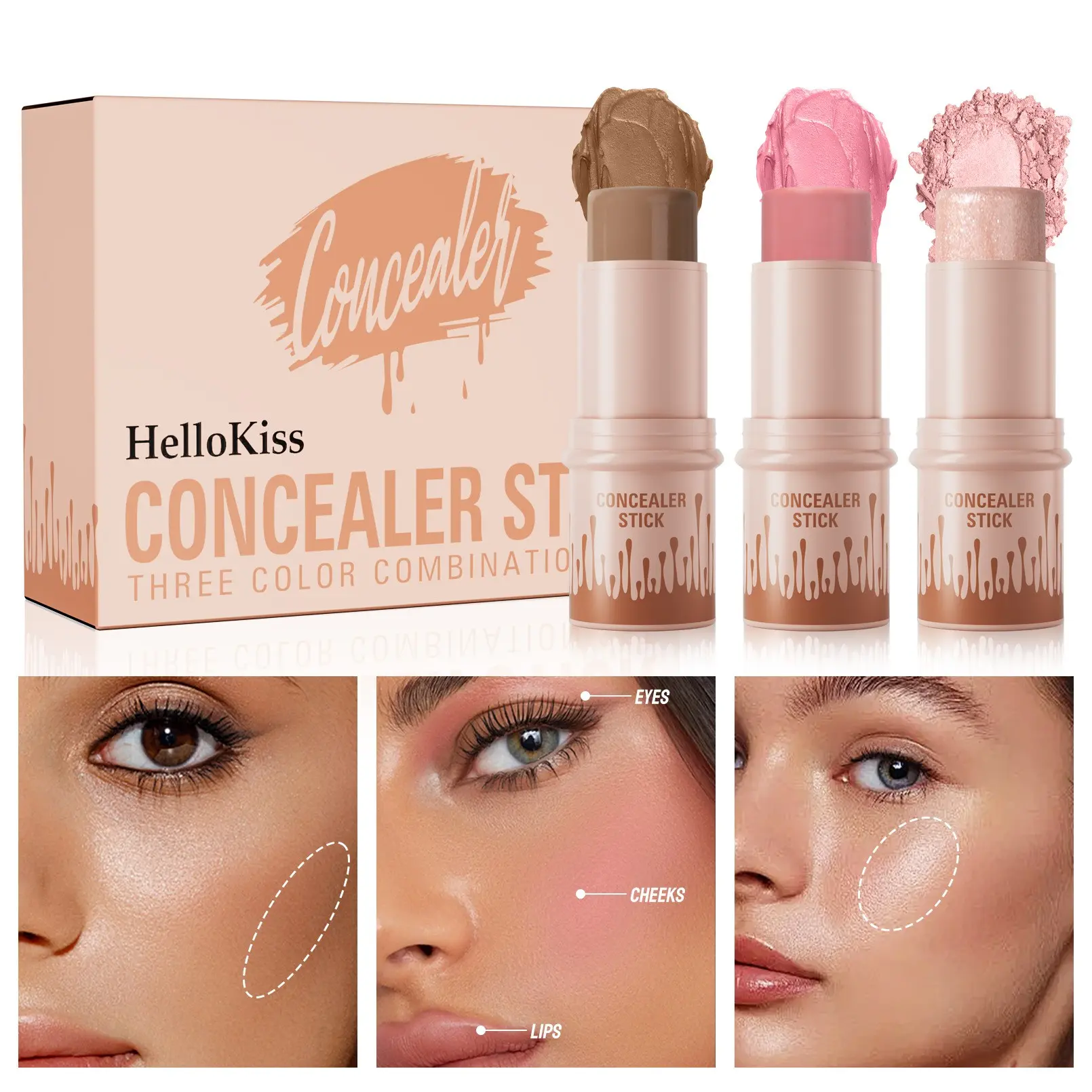 Senmu Multi-Functional Concealer Stick Set, 3-Piece Highlighter Blush Makeup Kit, Facial Contouring Makeup, Beauty Care Essentials, Enhance Your Look