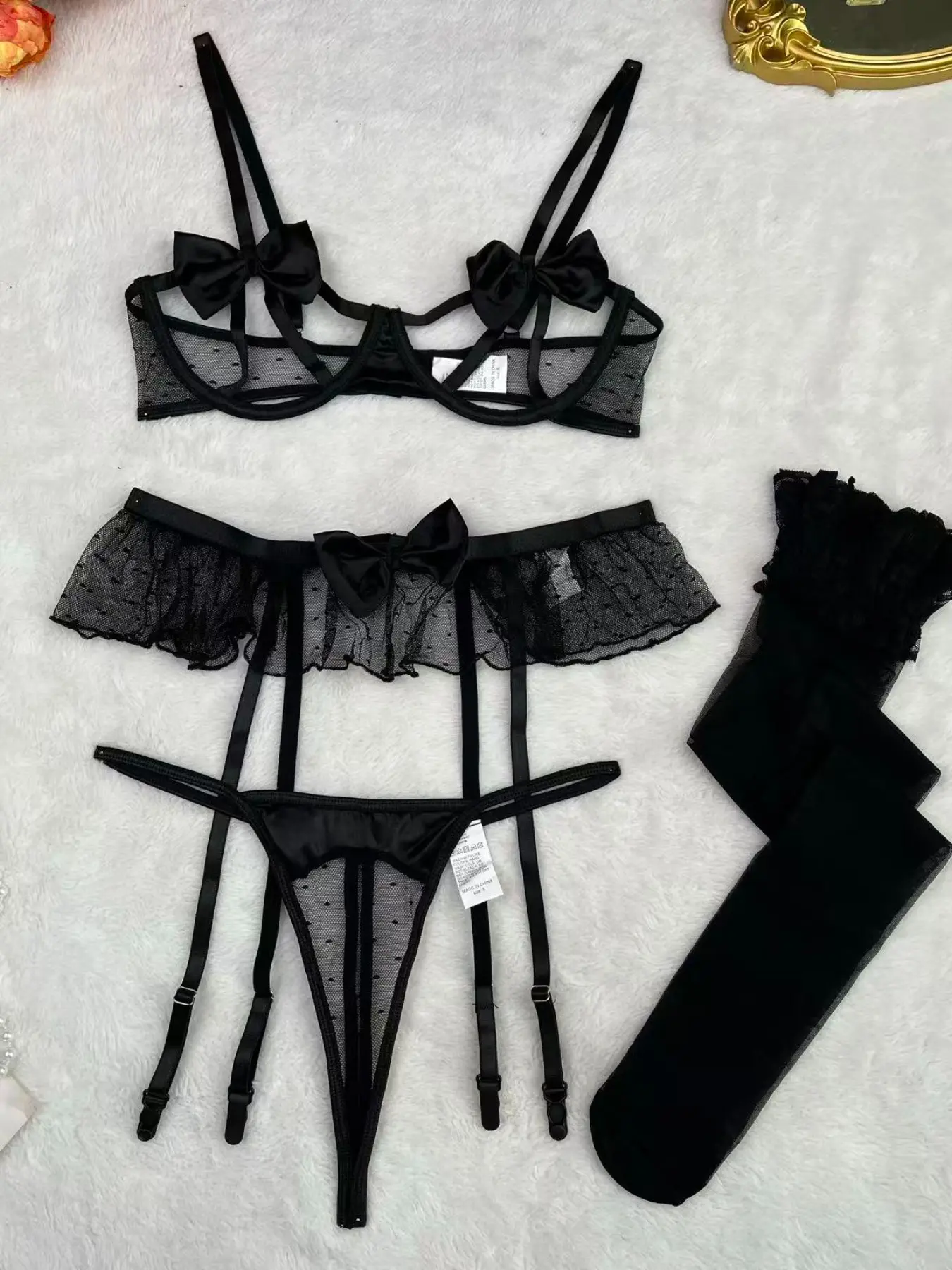 Black Sexy Cutout Strappy Bowknot Underwear Set with Underwire, 5-Piece Set [Bra + Panties + Suspenders + Stockings] altgirlrave outfitsilk pijamalenceria sexi mujer