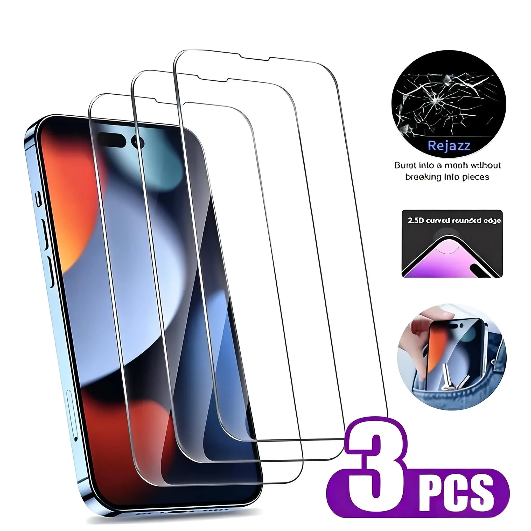 3-Sheet Set of Tempered Glass Screen Protectors, 9H Hardness High Definition Clear Anti-Dust, Anti-Fingerprint Anti-Scratch Protective Film Suitable for Apple for iPhone 17 16 15 14 13 12 11 Pro Max Pro Plus, Mini, XS Max