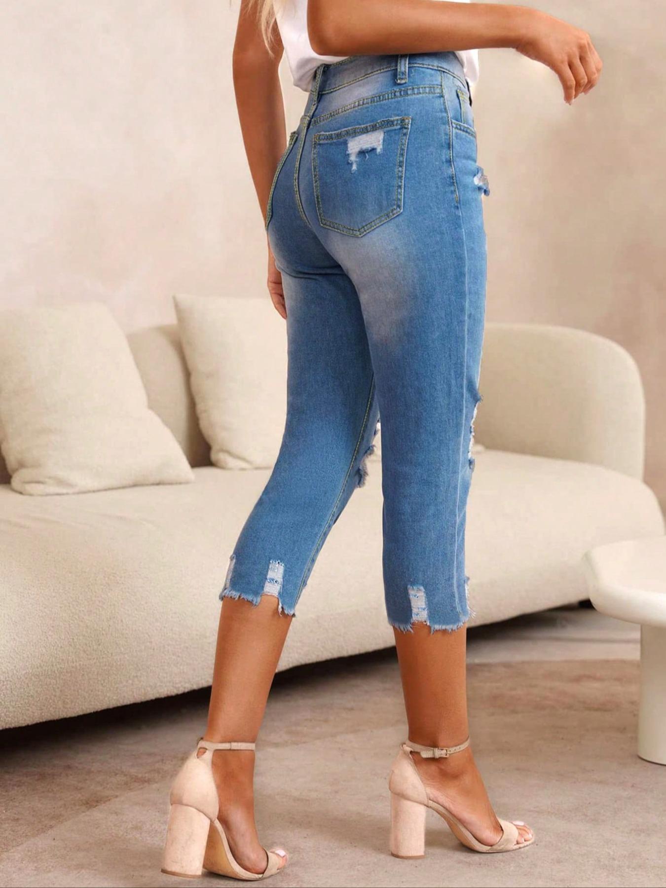 Women's Plain Ripped Raw Hem Skinny Jeans, Casual Pocket Button Cropped Capris Denim Pants for Summer, Capri Pants, Fashion Women's Denim for Daily Wear