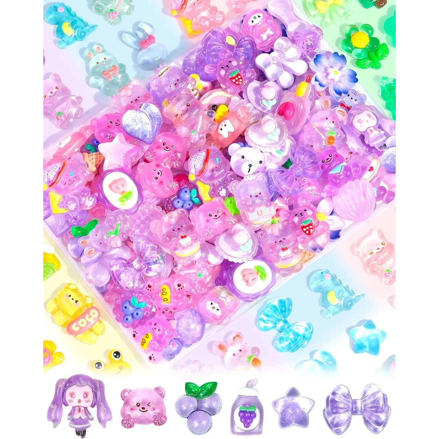 100PCS Kawaii Flatback Resin Slime Charms for Kawaii Craft, 50+ Unique Designs, Glitter Finish, Easy-to-Glue, Lightweight, Durable, Ideal for Camping Tent DIY Decoration, Charm, Kawaii Shapes