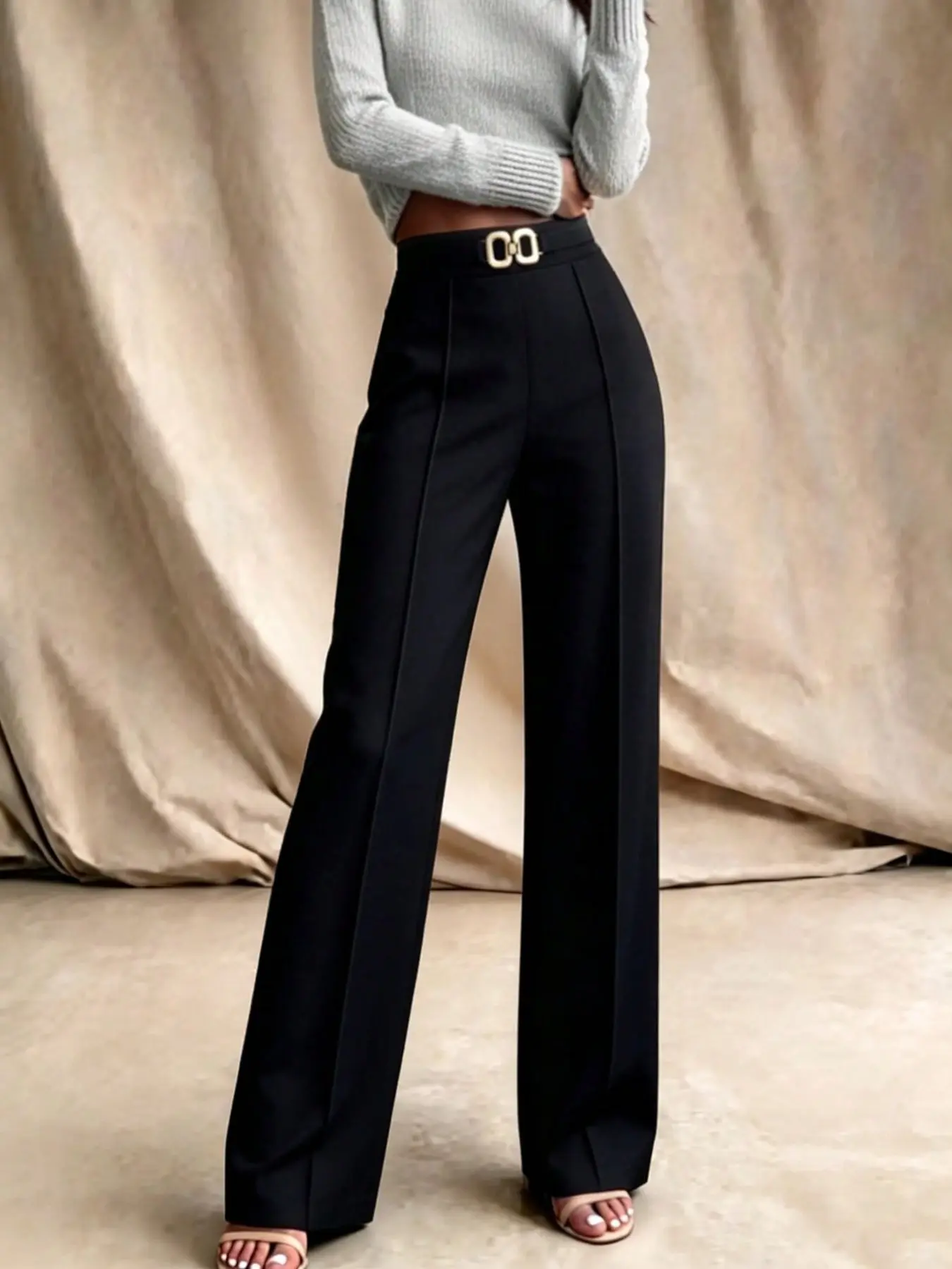 Vintage High-Waisted Wide Leg Pants, Metal Buckle, Fall Winter Fashion, Casual School Wear, Wrinkle-Resistant Fabric, French Style