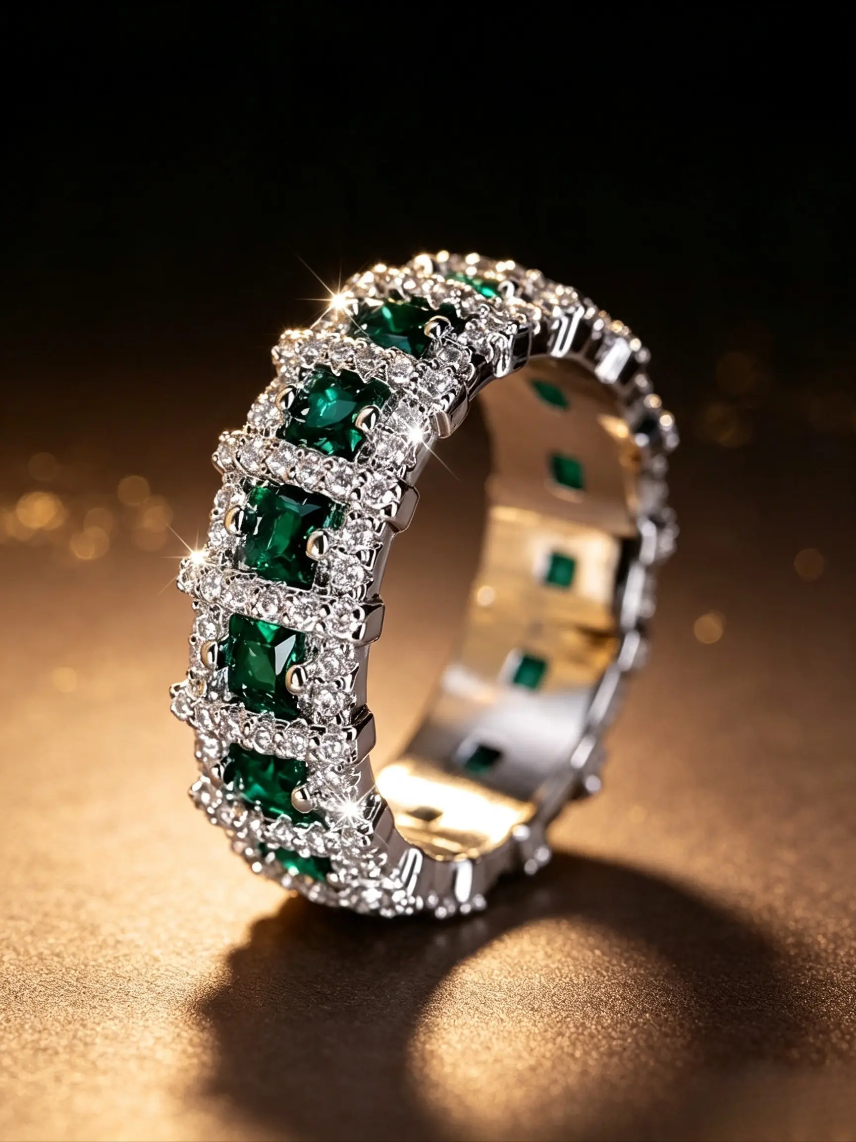 Women Princess Cut Simulated Emerald Eternity Band Ring, Wide Full Circle Band with Rectangle Green Stone & Halo Cubic Zirconia, Elegant Jewelry for Wedding, Dinner Party, Dating, Anniversary Gift, Silver Plated, Beautiful Rings