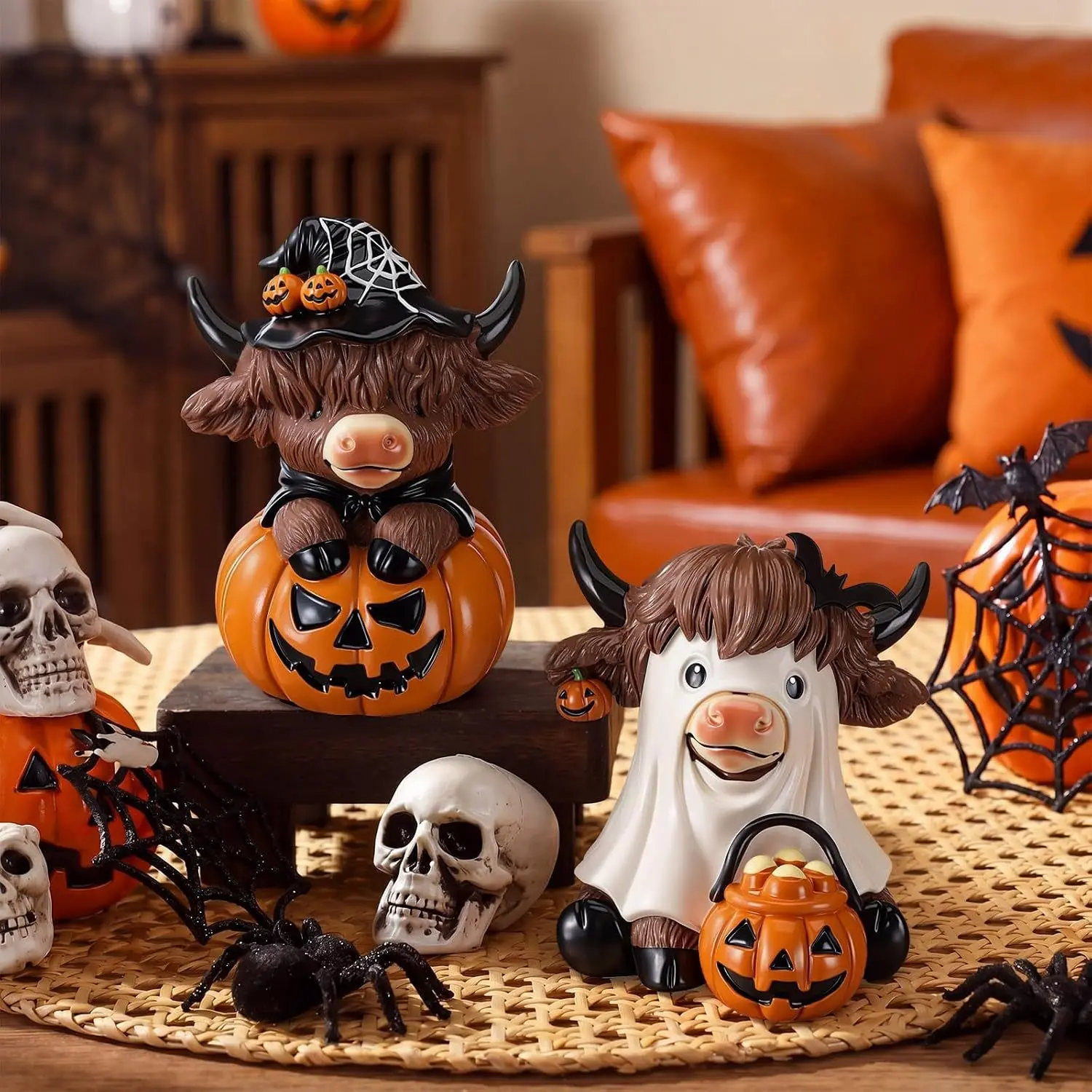 Halloween Highland Cow Resin Statue 2Pcs Set, Witch Hat Pumpkin Cow & Ghost Sheet Cow Desktop Figurine, Spooky Cute Tabletop Shelf Decor For Home Bedroom, Trick Or Treat Haunted House Party Layout Ornament, Reusable Fall Holiday Gift For Cosplay Photo Sho
