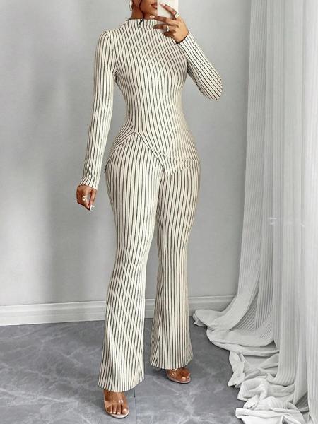 2-Piece Striped High Neck Split Hem Flared Pants Set, Casual for Women, Perfect for Spring and Fall, Comfortable Knit Fabric, Fashion Pants Set